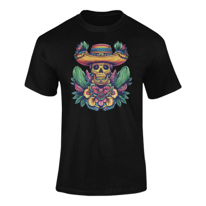 Fiesta sugar skull wearing a sombrero, surrounded by colorful flowers and cactus accents. Ghosted mockup.