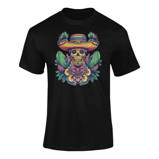 Fiesta sugar skull wearing a sombrero, surrounded by colorful flowers and cactus accents. Ghosted mockup.