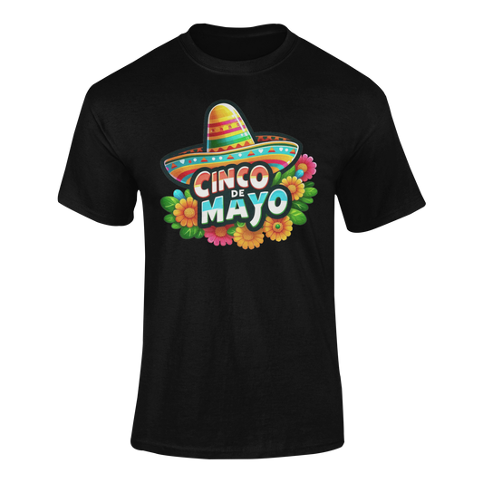 Cinco de Mayo design featuring a colorful sombrero, festive flowers, and bold text. Ghosted mockup.