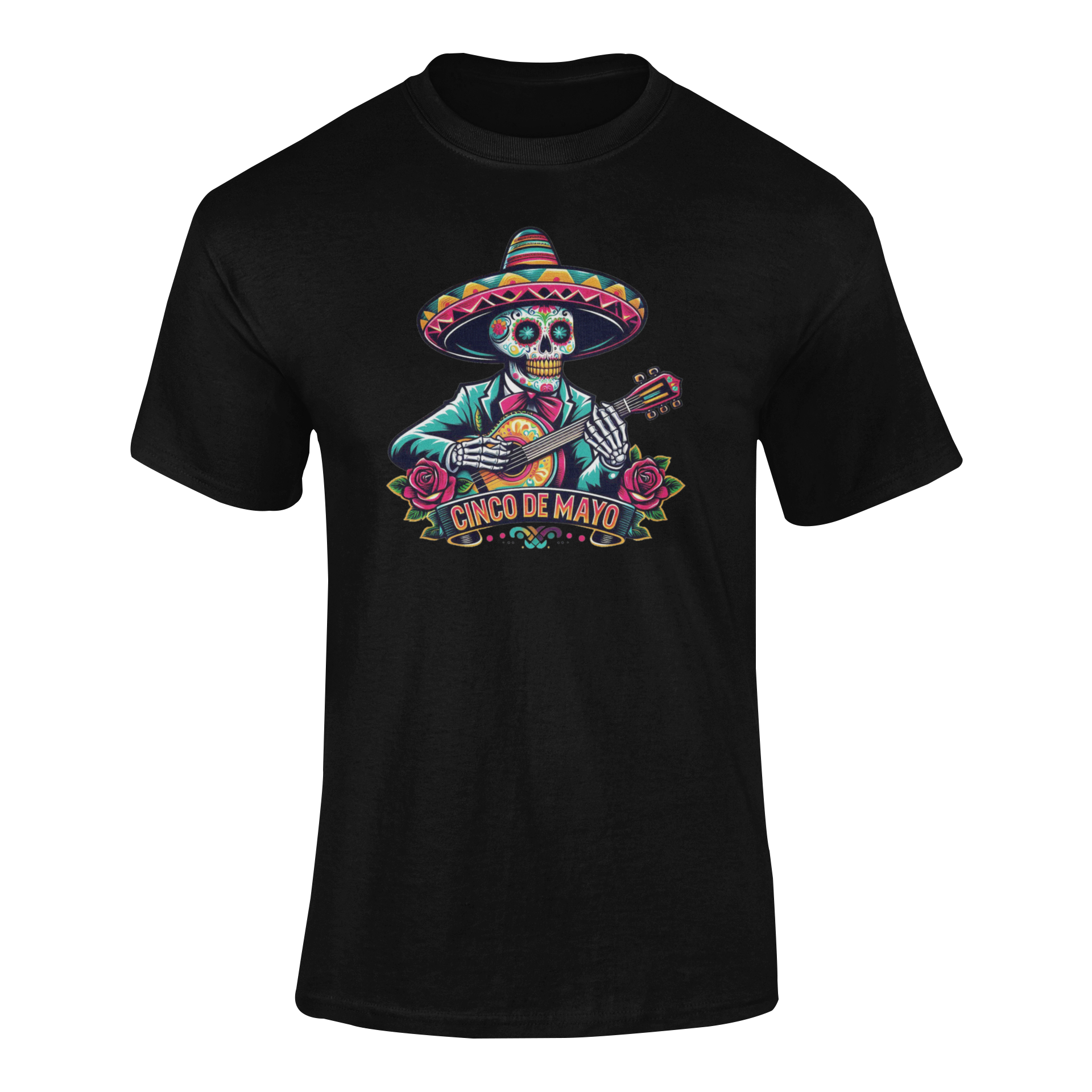Cinco de Mayo design featuring a skeleton mariachi wearing a sombrero, playing a guitar with roses and festive accents. Ghosted mockup.