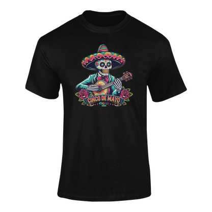 Cinco de Mayo design featuring a skeleton mariachi wearing a sombrero, playing a guitar with roses and festive accents. Ghosted mockup.