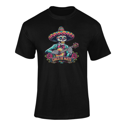 Cinco de Mayo design featuring a skeleton mariachi wearing a sombrero, playing a guitar with roses and festive accents. Ghosted mockup.