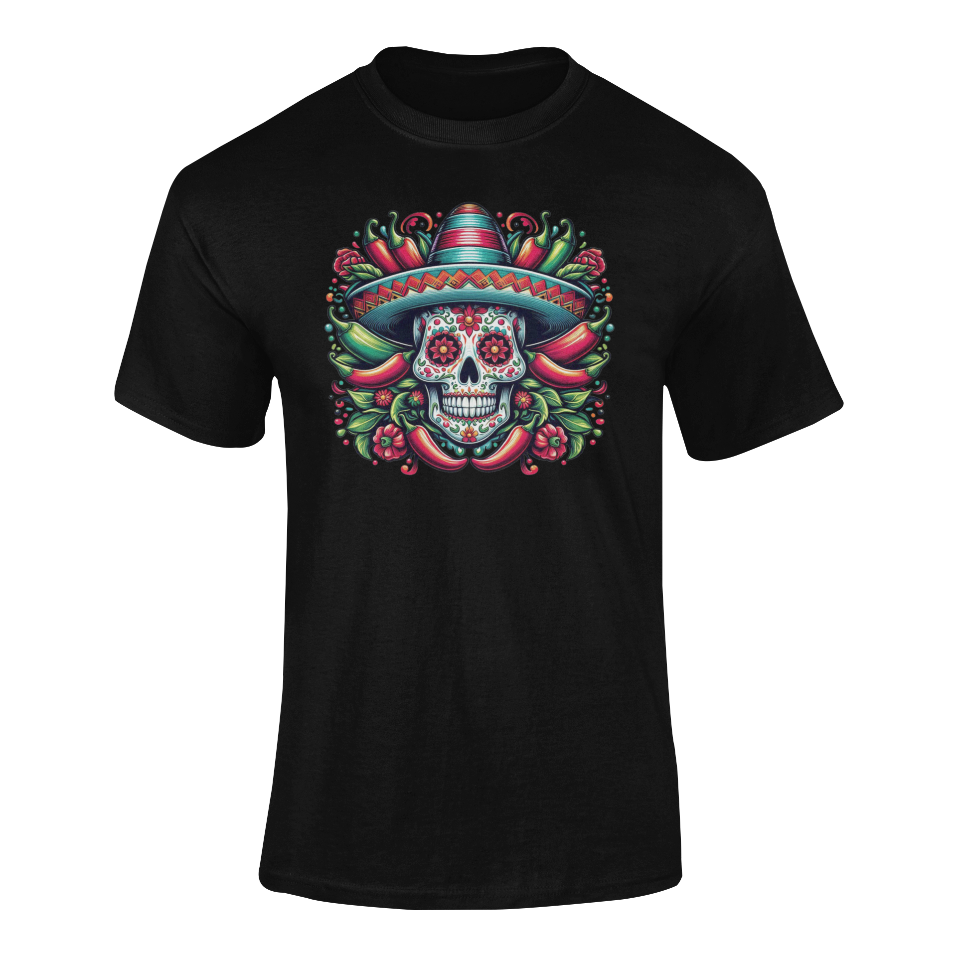 Cinco de Mayo design featuring a sugar skull in a sombrero, surrounded by chili peppers and floral accents. Ghosted mockup.