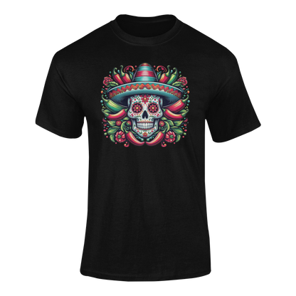 Cinco de Mayo design featuring a sugar skull in a sombrero, surrounded by chili peppers and floral accents. Ghosted mockup.