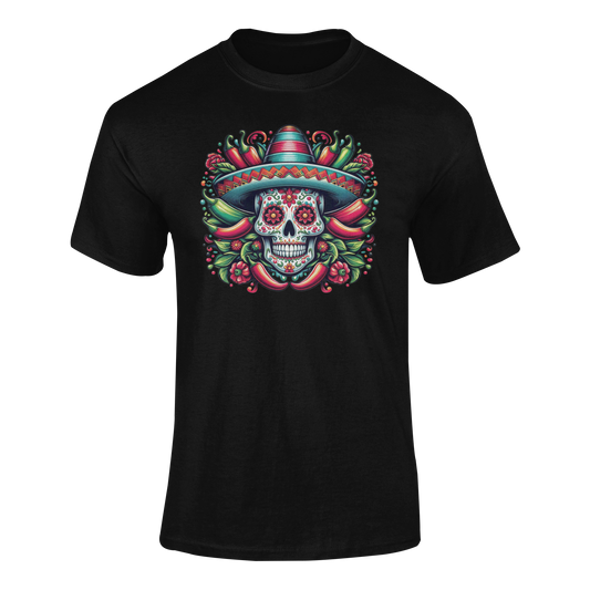Cinco de Mayo design featuring a sugar skull in a sombrero, surrounded by chili peppers and floral accents. Ghosted mockup.