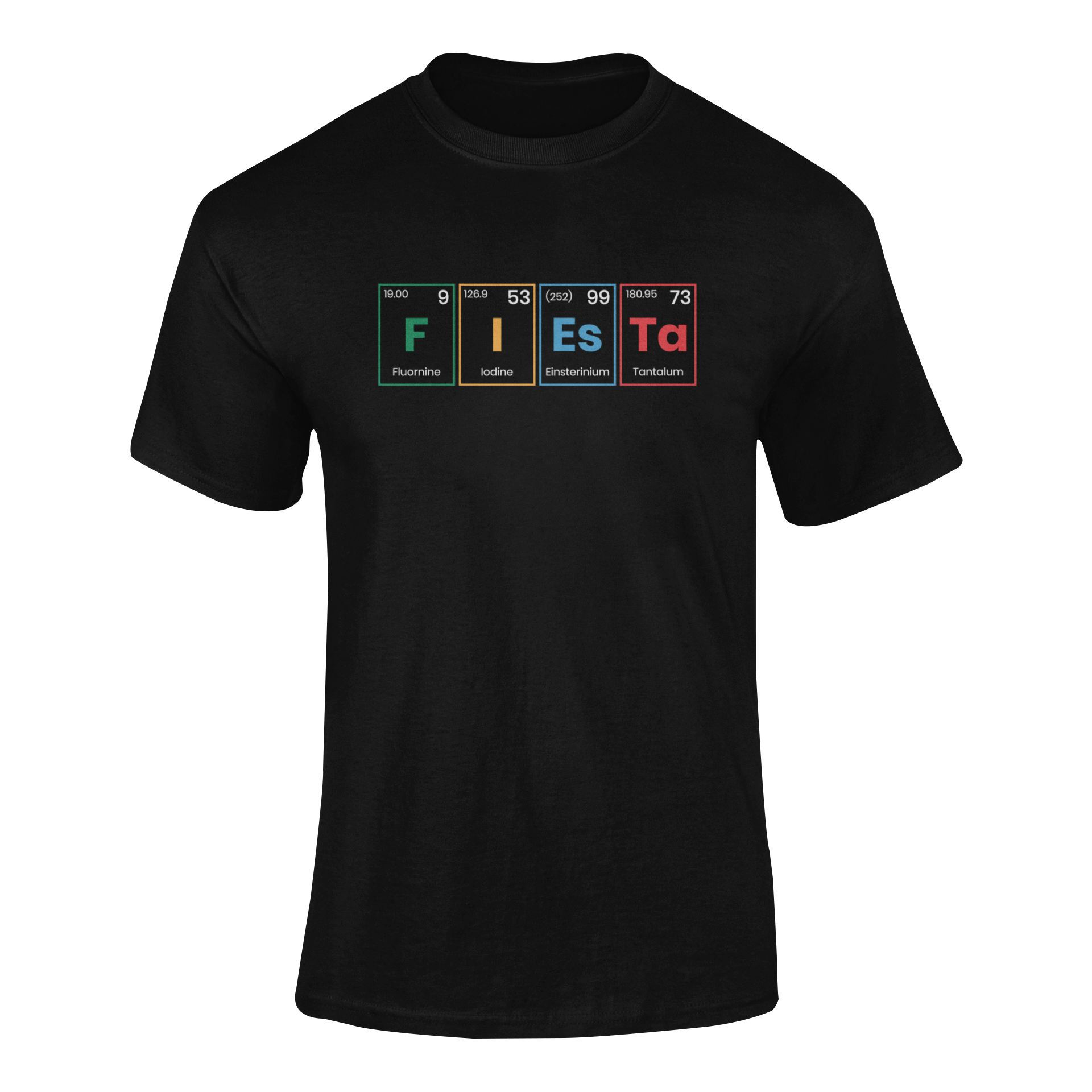 Periodic table-inspired design spelling “FIESTA” with real elements from the periodic table. Ghosted mockup.