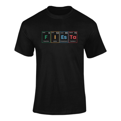 Periodic table-inspired design spelling “FIESTA” with real elements from the periodic table. Ghosted mockup.