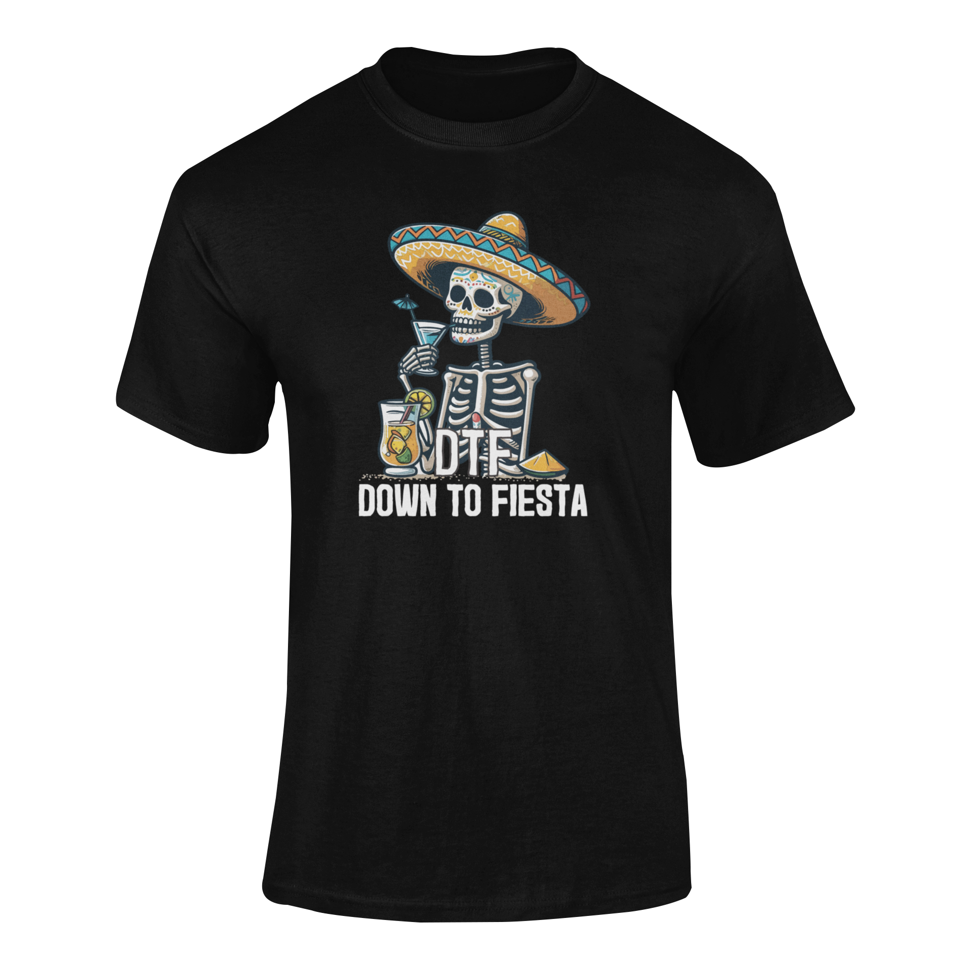 Funny Cinco de Mayo drinking shirt featuring a skeleton in a sombrero sipping a cocktail with the phrase "DTF – Down to Fiesta." Ghosted mockup.