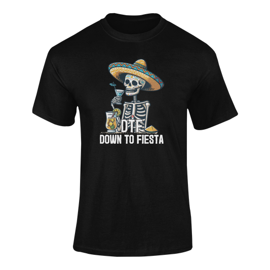 Funny Cinco de Mayo drinking shirt featuring a skeleton in a sombrero sipping a cocktail with the phrase "DTF – Down to Fiesta." Ghosted mockup.