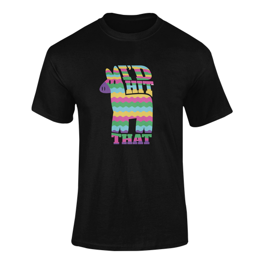 Funny Cinco de Mayo party shirt featuring a colorful piñata with the phrase "I’d Hit That." Ghosted mockup.