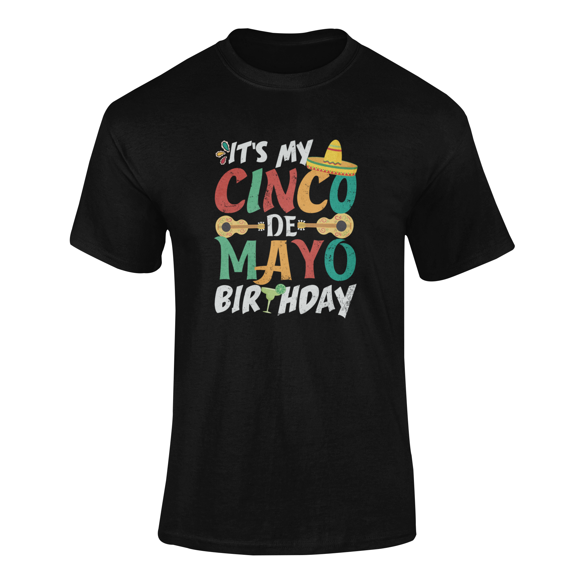 Funny Cinco de Mayo birthday t-shirt featuring a sombrero, guitars, and festive lettering. Ghosted mockup.