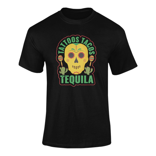 Cinco de Mayo t-shirt featuring a sugar skull, maracas, and cacti with the words "Tattoos, Tacos, Tequila." Ghosted mockup.