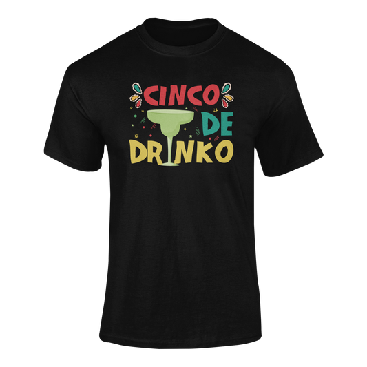  A ghosted mockup of the Cinco De Drinko t-shirt featuring a bold margarita glass design with festive party elements.