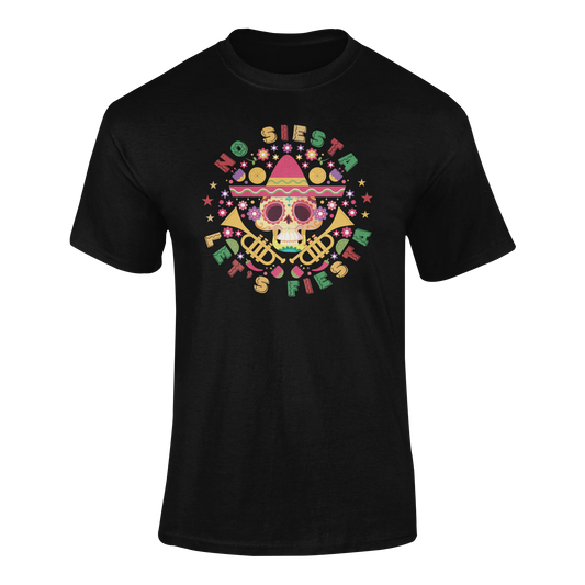 A ghosted mockup of the No Siesta, Let’s Fiesta t-shirt featuring a colorful sugar skull in a sombrero with festive party elements.