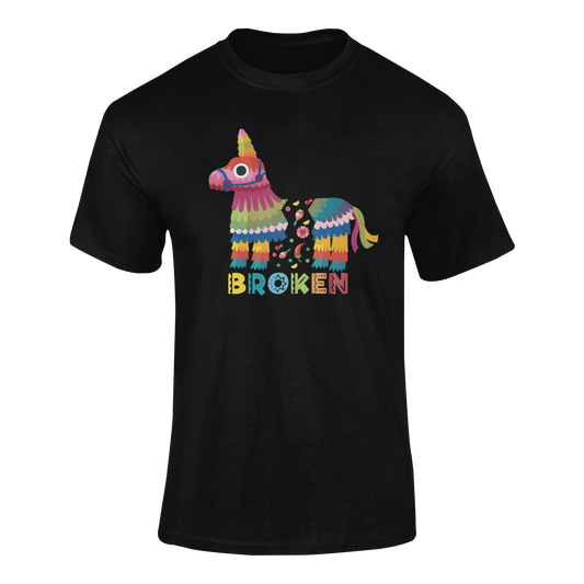 Ghosted mockup of a funny Cinco de Mayo t-shirt featuring a broken piñata with confetti, maracas, and chili peppers.
