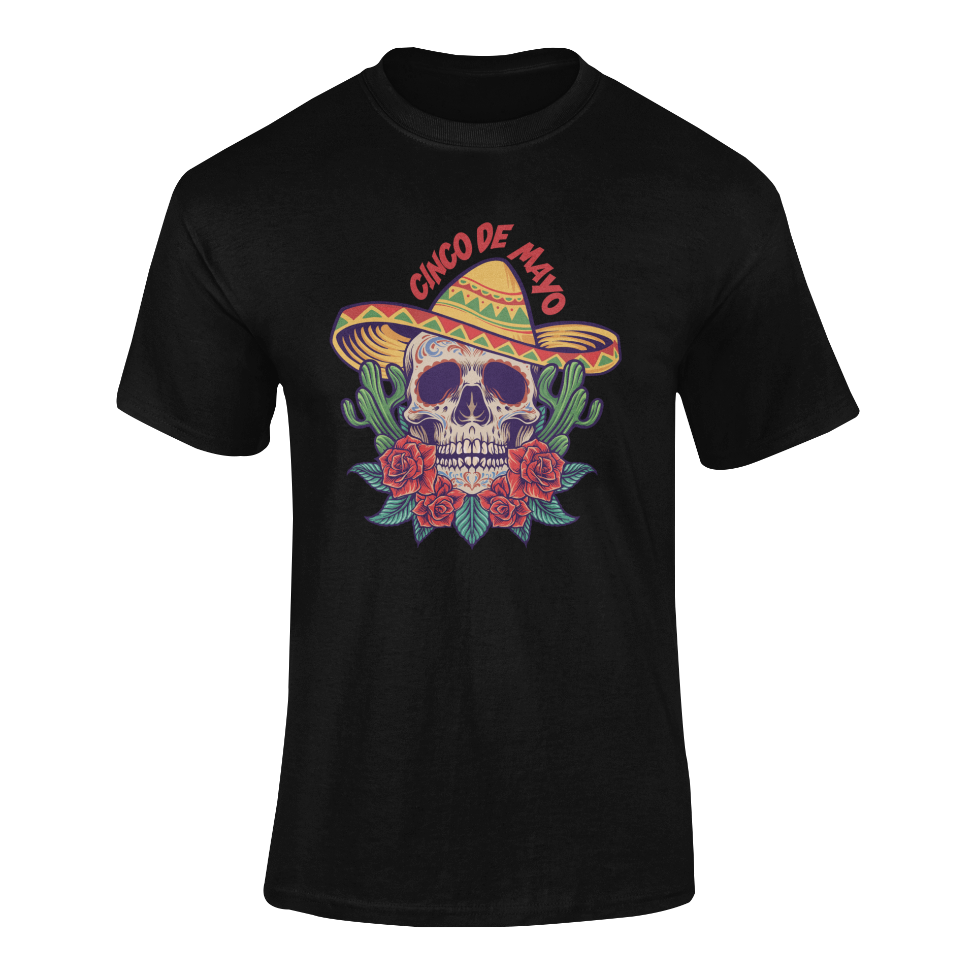 Ghosted mockup of a Cinco de Mayo t-shirt featuring a detailed sugar skull wearing a sombrero, surrounded by roses and cacti.
