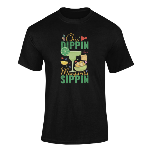 Ghosted mockup of a Cinco de Mayo t-shirt featuring a margarita glass, chips, and festive text that reads "Chip Dippin’ & Margarita Sippin'."