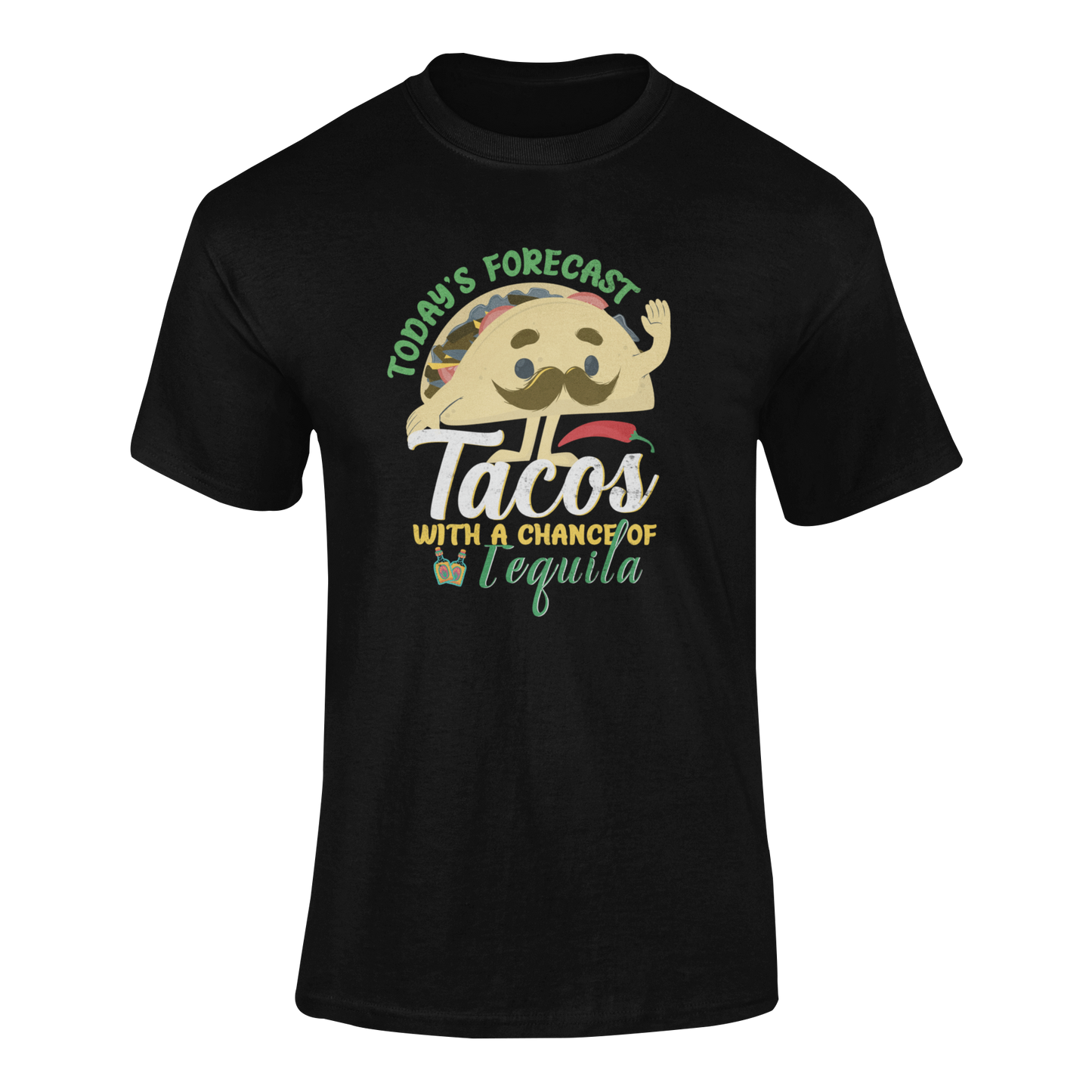 Ghosted mockup of a funny Mexican food t-shirt with the phrase "Today's Forecast: Tacos with a Chance of Tequila."