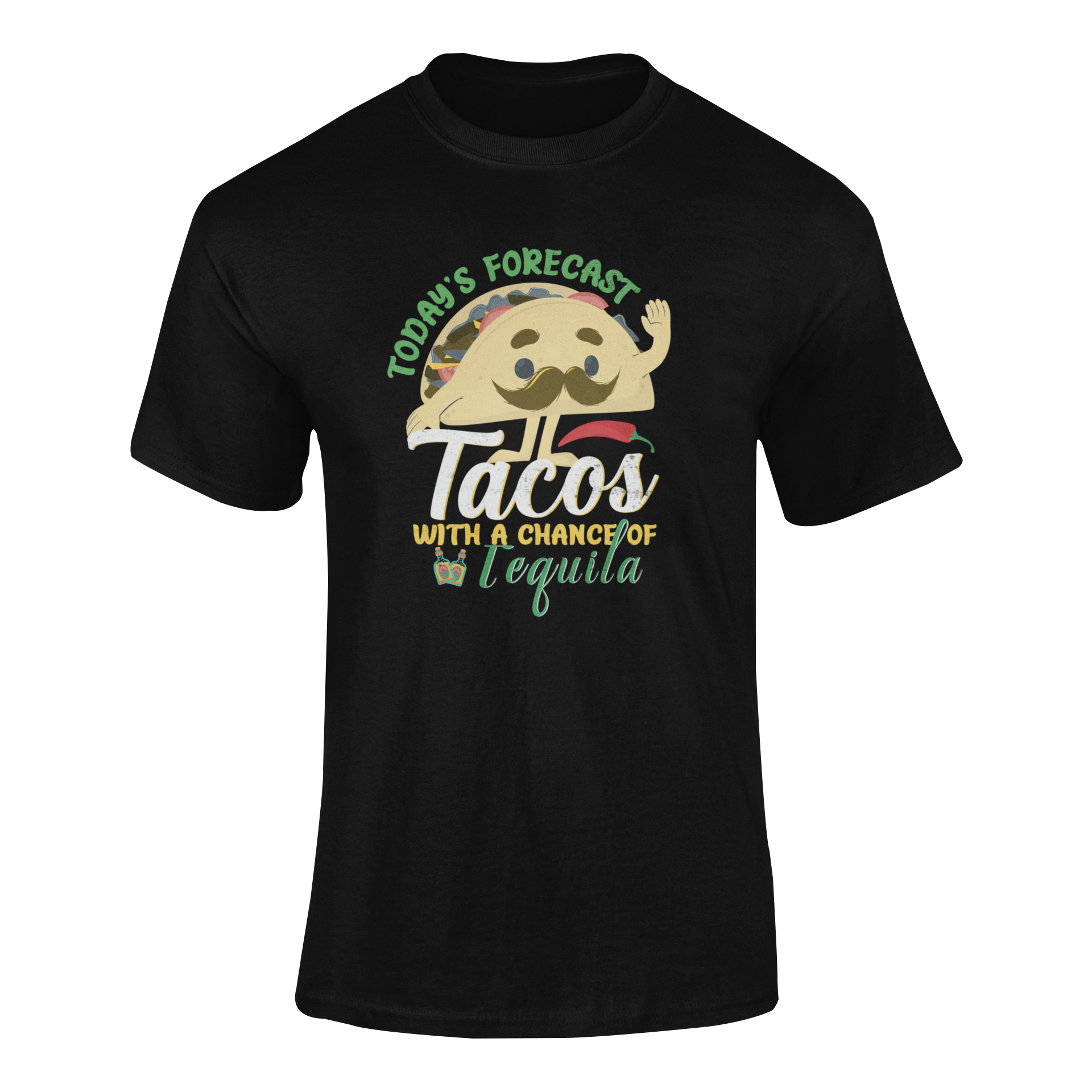 Ghosted mockup of a funny Mexican food t-shirt with the phrase "Today's Forecast: Tacos with a Chance of Tequila."