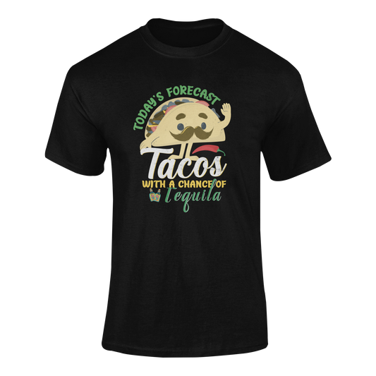 Ghosted mockup of a funny Mexican food t-shirt with the phrase "Today's Forecast: Tacos with a Chance of Tequila."