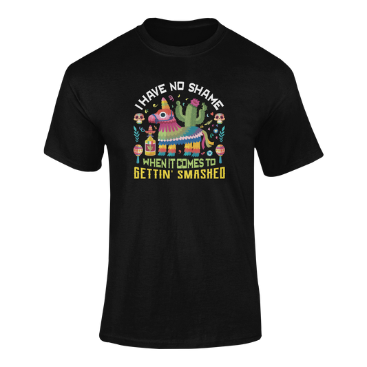 Ghosted mockup of a funny Cinco de Mayo t-shirt featuring a colorful broken piñata spilling candy and maracas.
