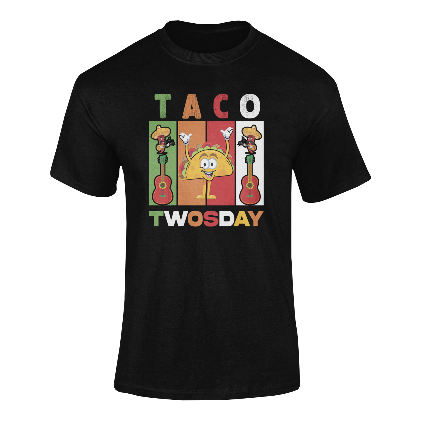 Ghosted mockup of a festive Taco Twosday t-shirt featuring a smiling taco, guitars, and bold lettering.