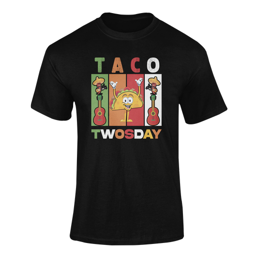 Ghosted mockup of a festive Taco Twosday t-shirt featuring a smiling taco, guitars, and bold lettering.