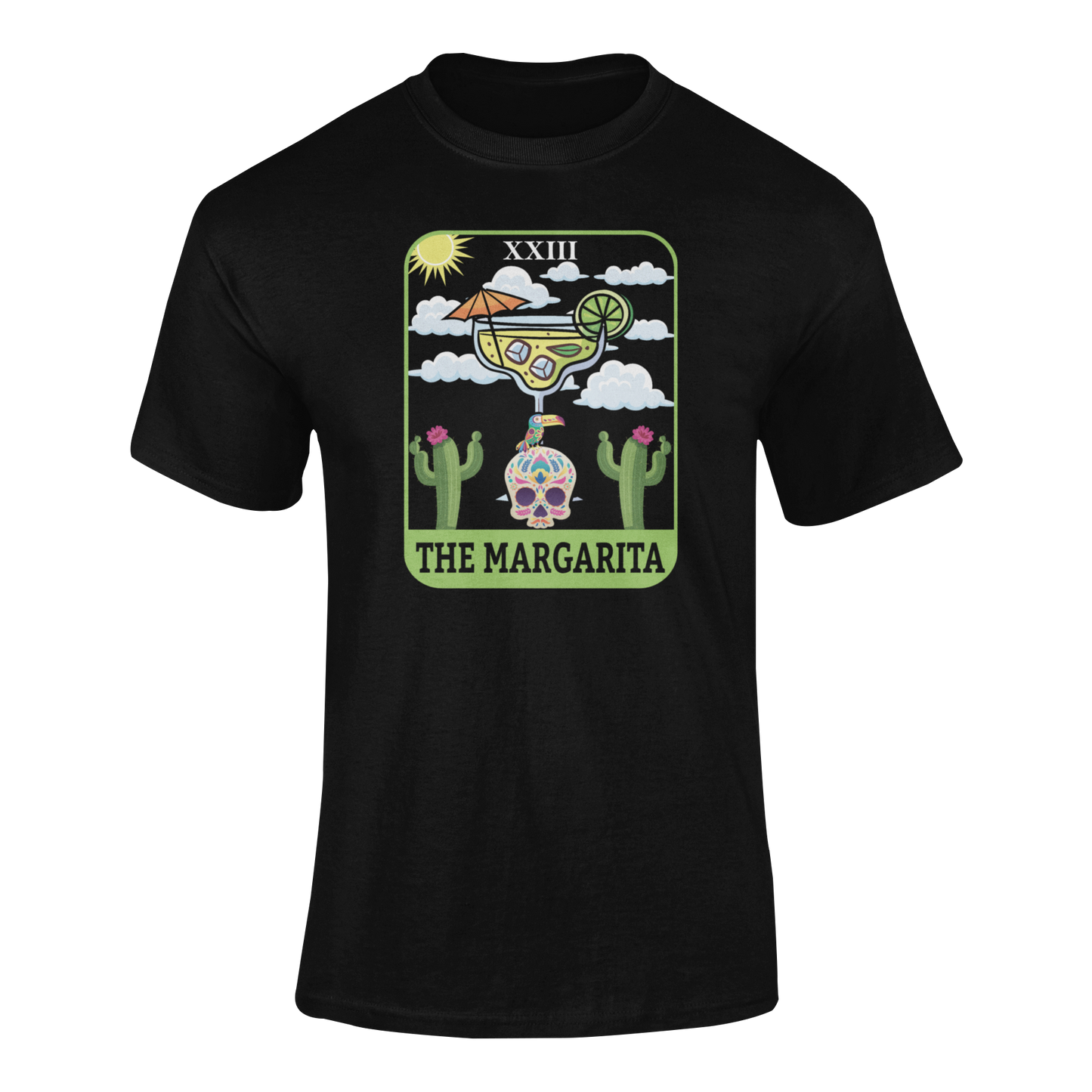 Ghosted mockup of The Margarita t-shirt featuring a tarot card-inspired design with a margarita, sugar skull, toucan, and cacti.