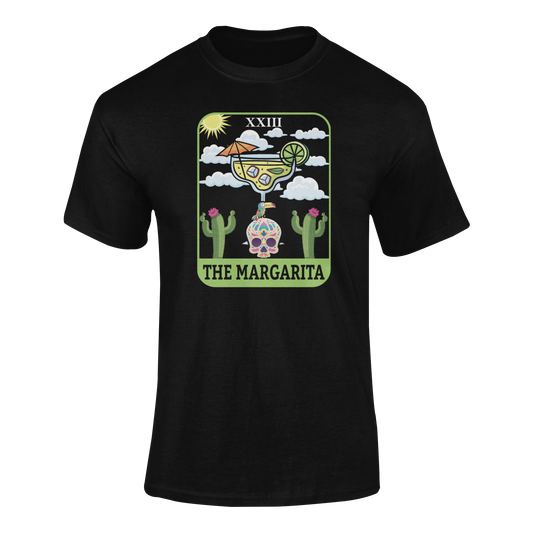 Ghosted mockup of The Margarita t-shirt featuring a tarot card-inspired design with a margarita, sugar skull, toucan, and cacti.