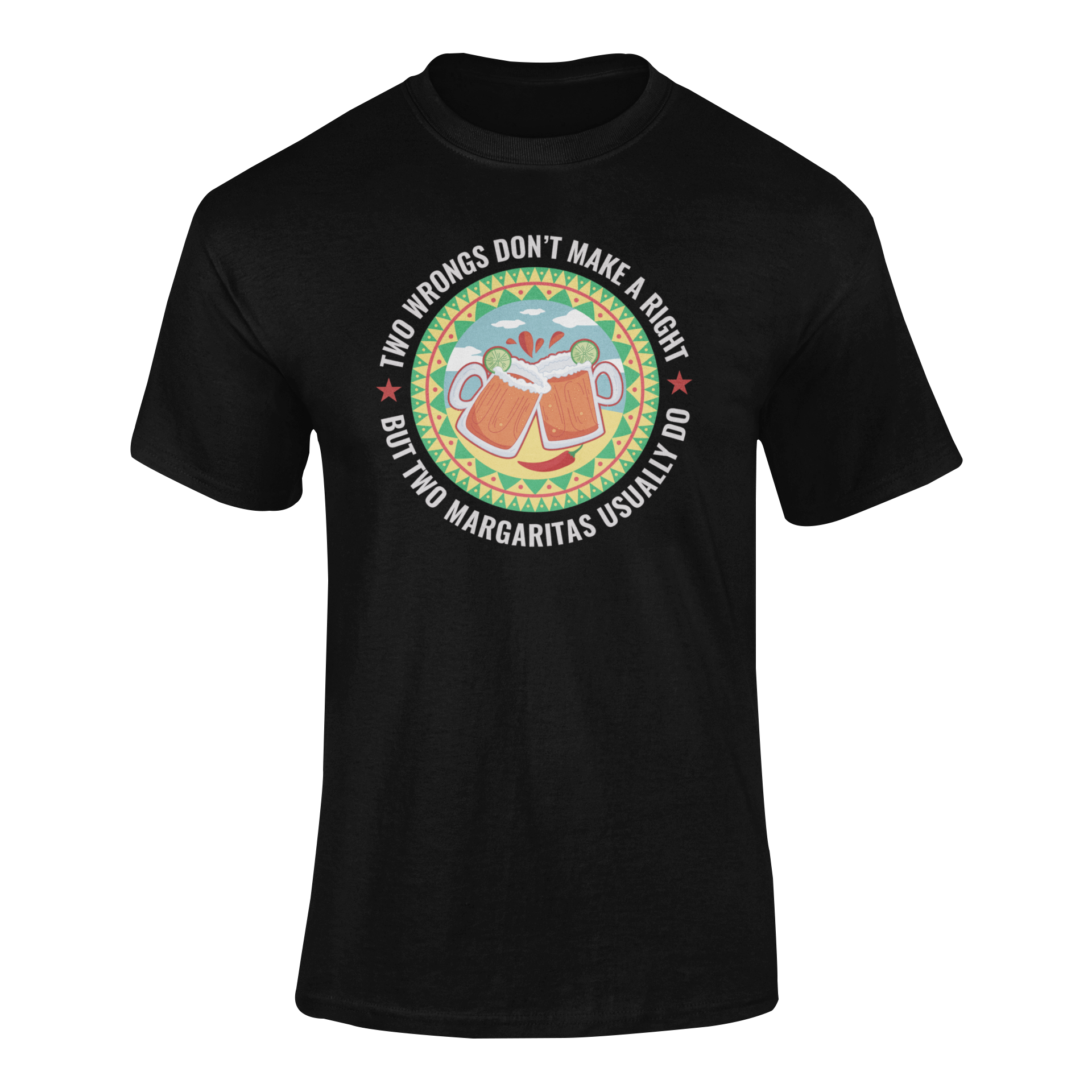 Ghosted mockup of Two Margaritas Make It Right t-shirt featuring a colorful margarita design with clinking drinks and festive patterns.