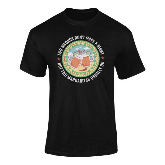Ghosted mockup of Two Margaritas Make It Right t-shirt featuring a colorful margarita design with clinking drinks and festive patterns.