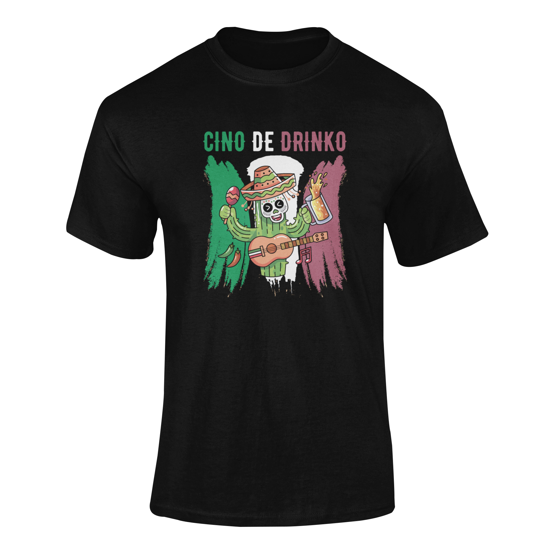 Ghosted mockup of the Cinco De Drinko Cactus Party t-shirt design featuring a festive cactus holding maracas, a beer, and a guitar, with a Mexican flag-inspired background.