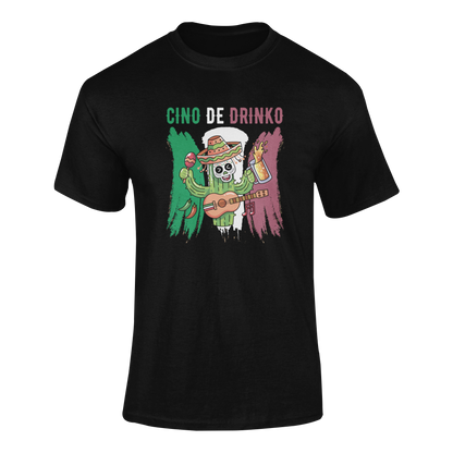 Ghosted mockup of the Cinco De Drinko Cactus Party t-shirt design featuring a festive cactus holding maracas, a beer, and a guitar, with a Mexican flag-inspired background.