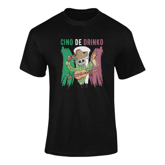 Ghosted mockup of the Cinco De Drinko Cactus Party t-shirt design featuring a festive cactus holding maracas, a beer, and a guitar, with a Mexican flag-inspired background.