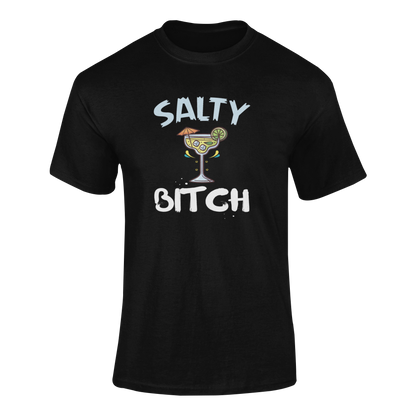 Ghosted mockup of the "Salty Bitch" t-shirt featuring a margarita glass with a lime and playful typography.