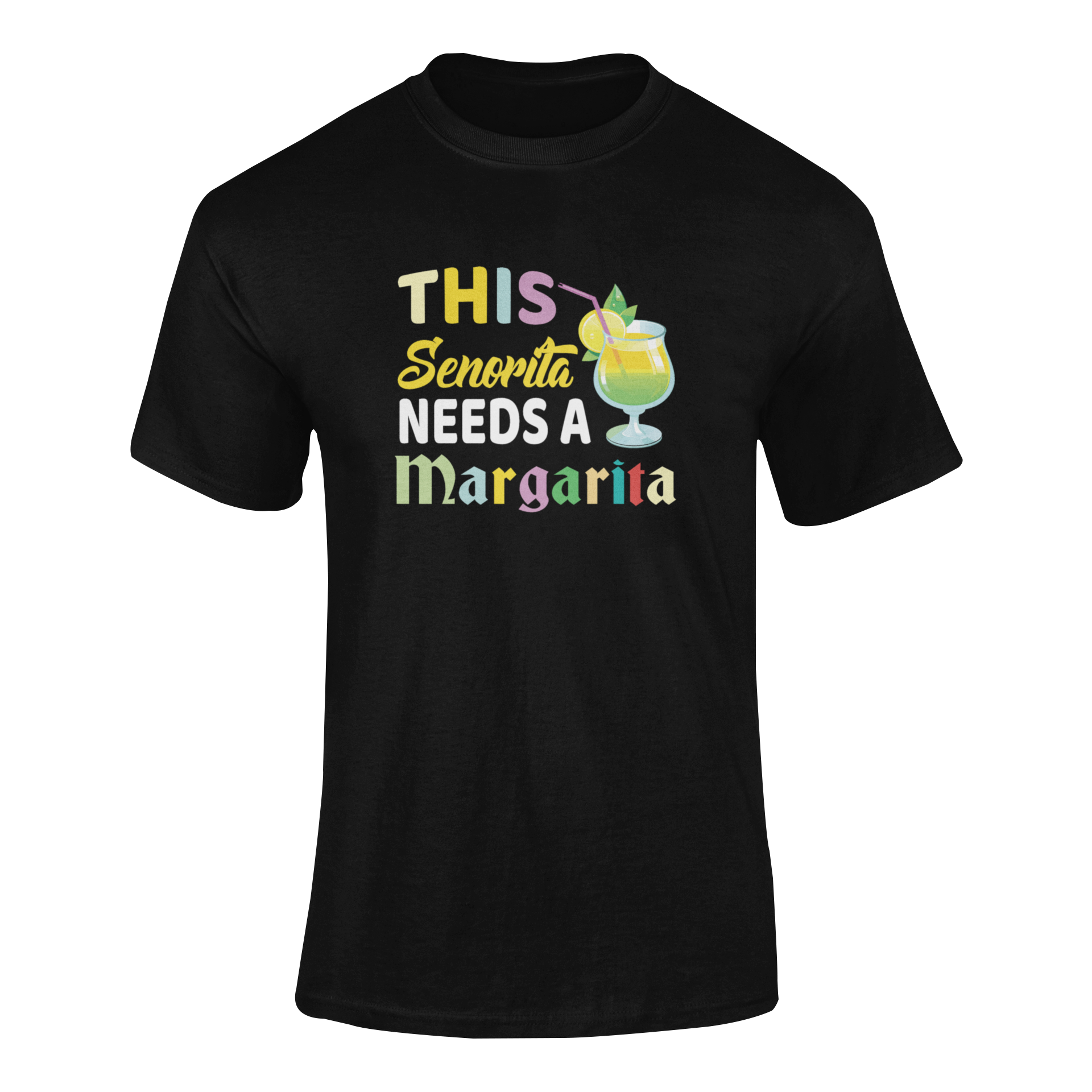 Ghosted mockup of the "This Señorita Needs a Margarita" t-shirt featuring a vibrant margarita glass and colorful typography.