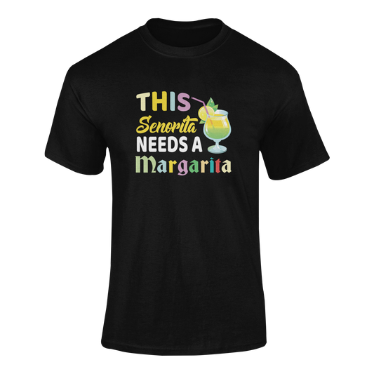 Ghosted mockup of the "This Señorita Needs a Margarita" t-shirt featuring a vibrant margarita glass and colorful typography.