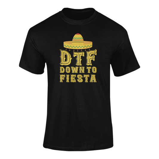 Ghosted mockup of the "DTF - Down to Fiesta" t-shirt featuring bold, decorative lettering and a classic sombrero.