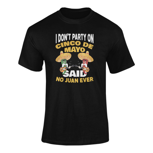 Ghosted mockup of the "No Juan Ever Cinco de Mayo" t-shirt featuring two chili peppers in sombreros playing guitars.