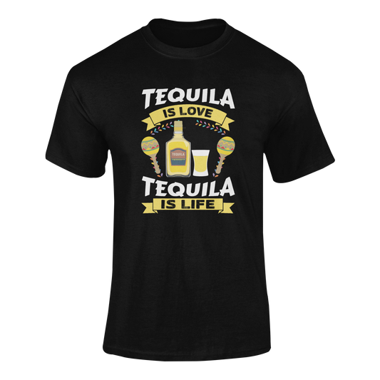 Ghosted mockup of the "Tequila Is Love, Tequila Is Life" t-shirt featuring a tequila bottle, shot glass, and maracas.