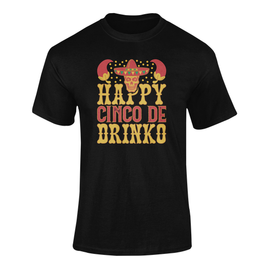 Ghosted mockup of the "Happy Cinco de Drinko" t-shirt featuring a sombrero-wearing skull, chili peppers, and festive typography.