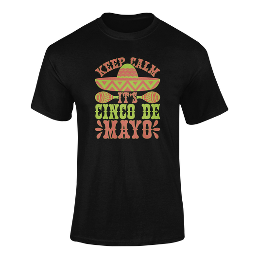 Ghosted mockup of the "Keep Calm It’s Cinco de Mayo" t-shirt featuring a sombrero, maracas, and bold lettering.