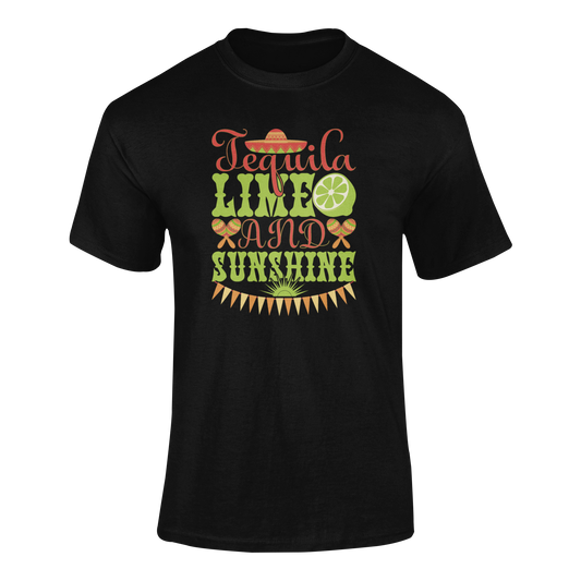 Ghosted mockup of the "Tequila, Lime, and Sunshine" t-shirt featuring bold text, a sombrero, lime, maracas, and a festive banner.