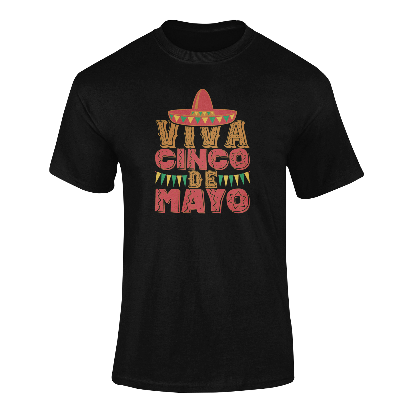 Viva Cinco de Mayo t-shirt featuring a festive sombrero and colorful text on a ghosted apparel mockup.