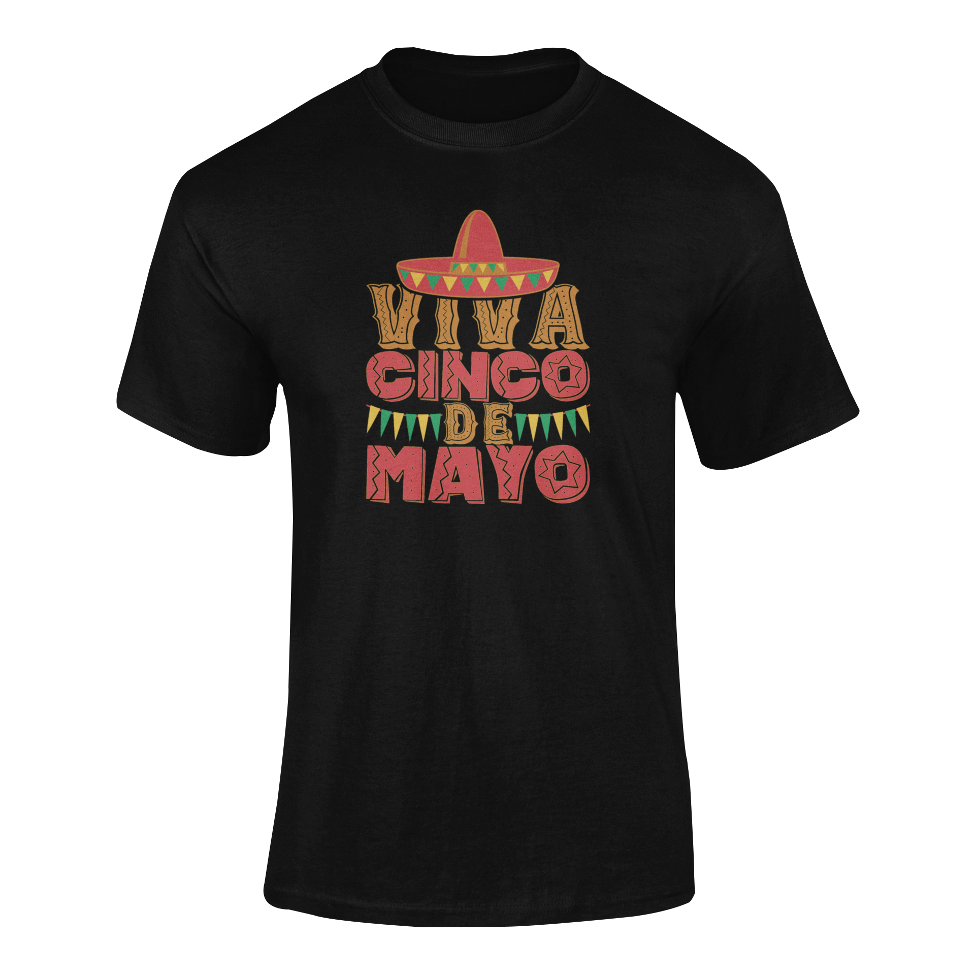 Viva Cinco de Mayo t-shirt featuring a festive sombrero and colorful text on a ghosted apparel mockup.
