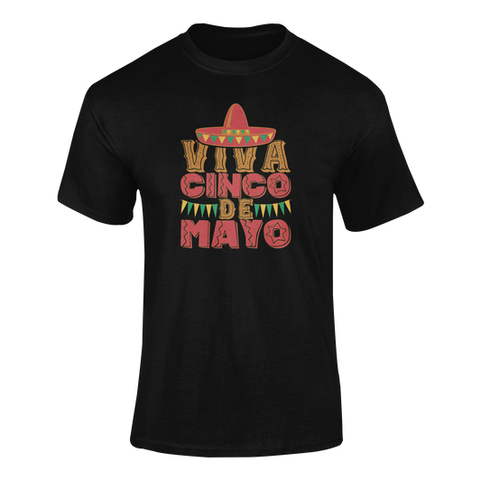Viva Cinco de Mayo t-shirt featuring a festive sombrero and colorful text on a ghosted apparel mockup.