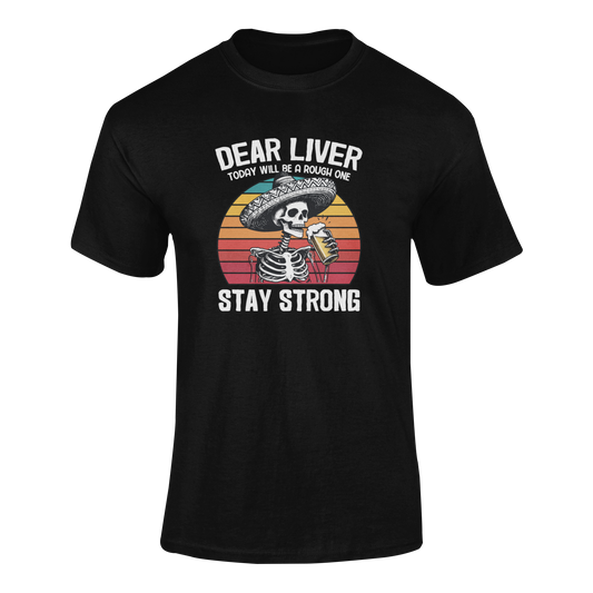 Ghosted mockup of a Cinco de Mayo-themed t-shirt featuring a skeleton wearing a sombrero, holding a beer with the text "Dear Liver, Stay Strong."