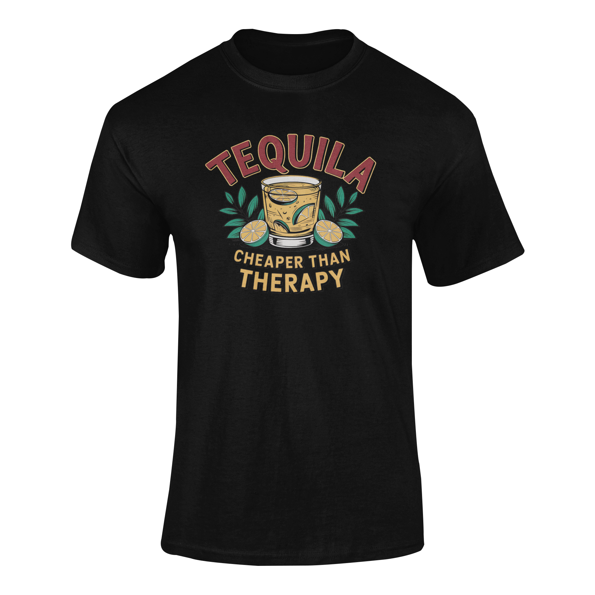 Ghosted mockup of the Tequila – Cheaper Than Therapy design, featuring a vibrant tequila-on-the-rocks illustration with limes and bold typography.
