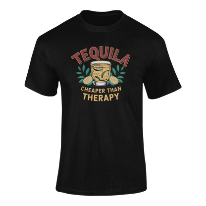 Ghosted mockup of the Tequila – Cheaper Than Therapy design, featuring a vibrant tequila-on-the-rocks illustration with limes and bold typography.