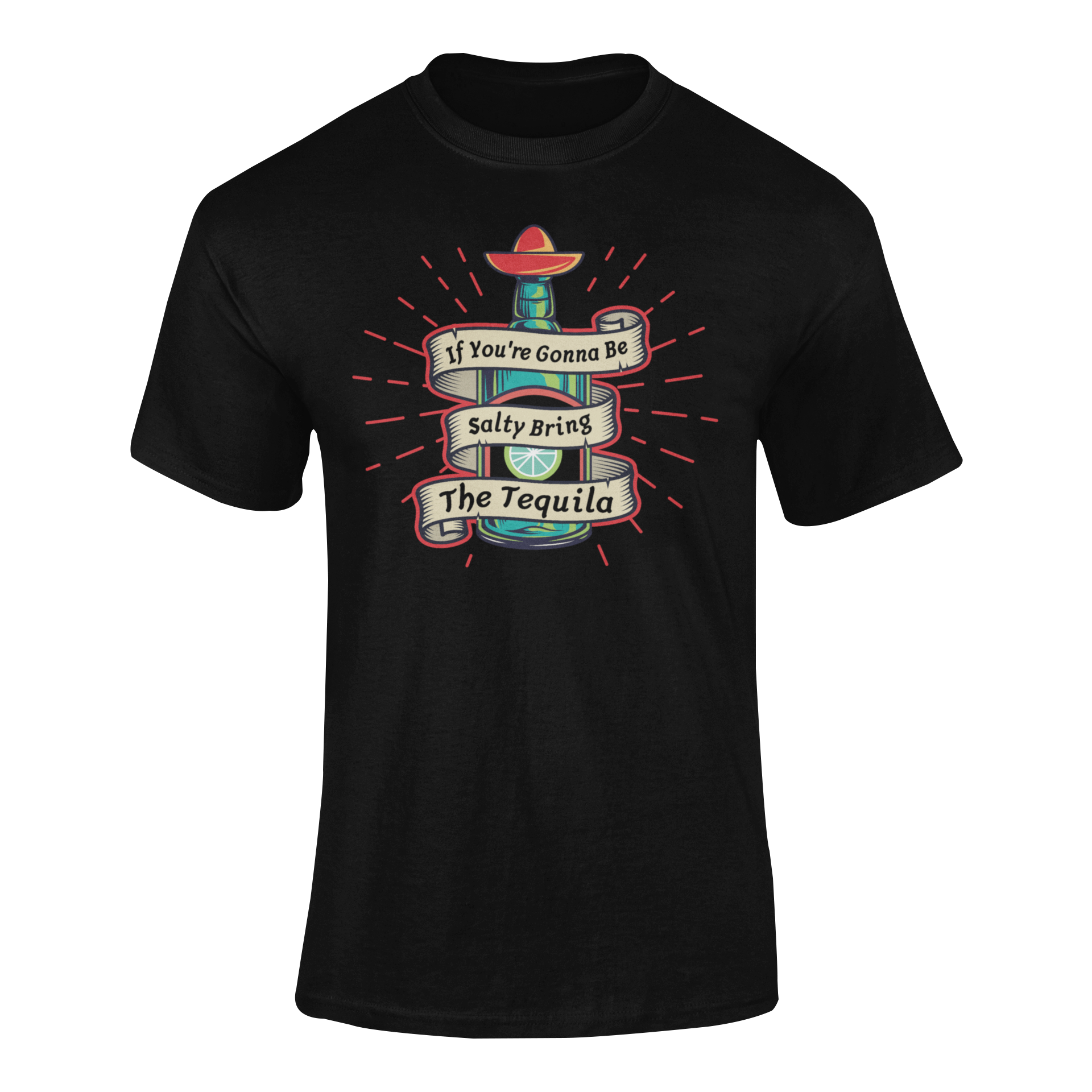 Ghosted mockup featuring the If You’re Gonna Be Salty, Bring the Tequila design with a bold tequila bottle, lime, and a festive sombrero.